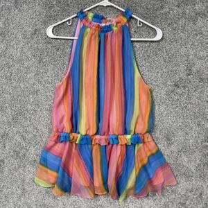 Cato Halter Blouse Womens L Rainbow Stripe Ruffle Hem Peplum Boho Chiffon Summer